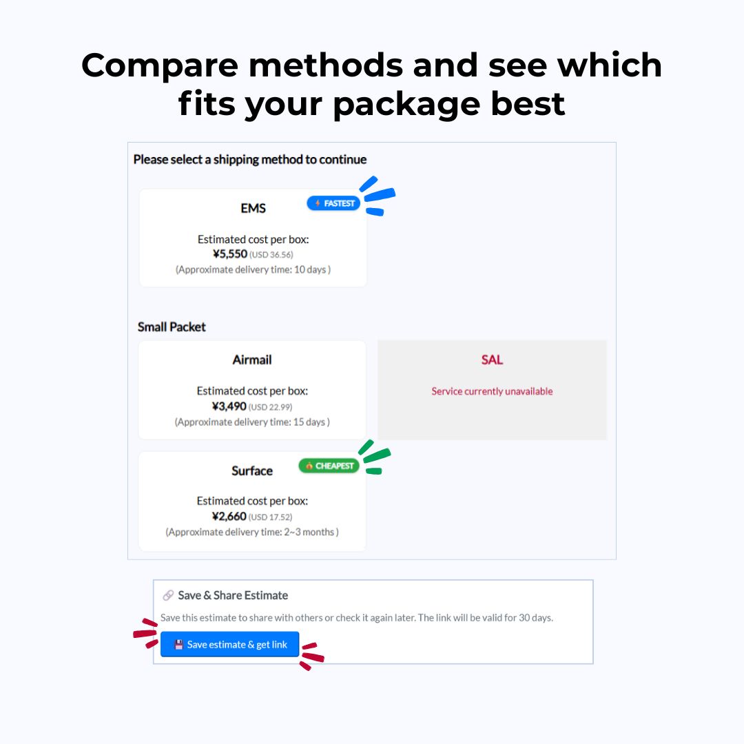 Negai Japan Cost Calculator showing a shipping estimate preview for international delivery from Japan.