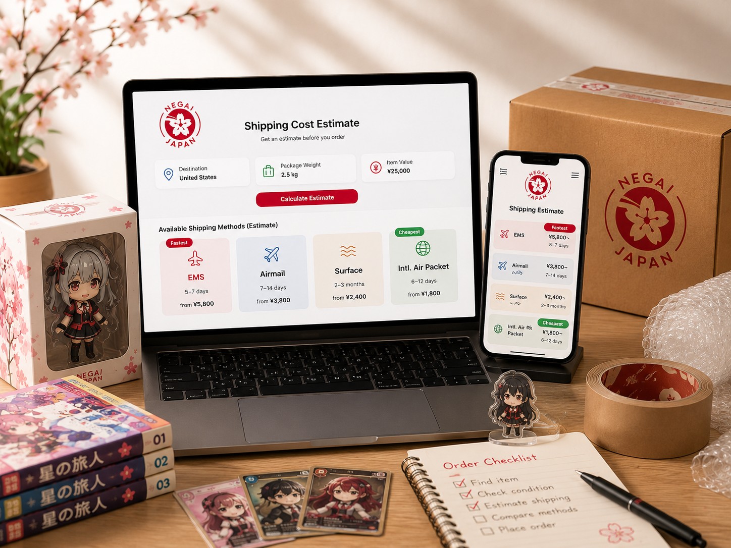 Laptop and smartphone showing Negai Japan shipping cost estimates, with EMS, Airmail, Surface, and International Air Packet options beside a figure box, manga, trading cards, and packing materials.
