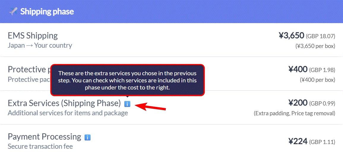 Cost Calculator result page showing purchase phase, shipping phase, and estimated cost details.