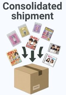 Illustration showing several small items like figures, CDs, and magazines being combined into one large box labeled “Consolidated Shipment.” Represents the process of combining multiple purchases into a single international package to save on shipping.