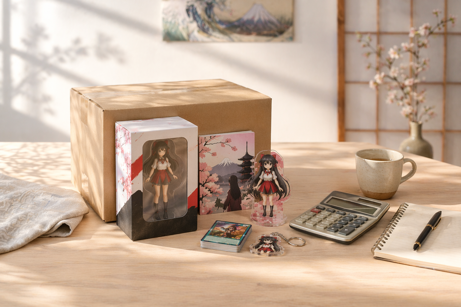 Pacote e itens colecionáveis organizados em uma mesa clara, com clima de planejamento antes da compra.