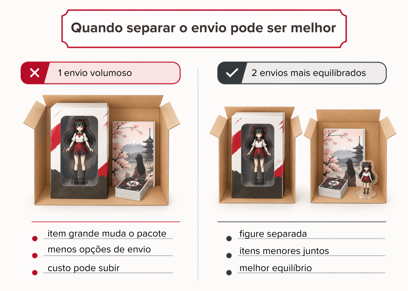 Infográfico comparando um envio volumoso único com dois envios mais equilibrados para compras do Japão.