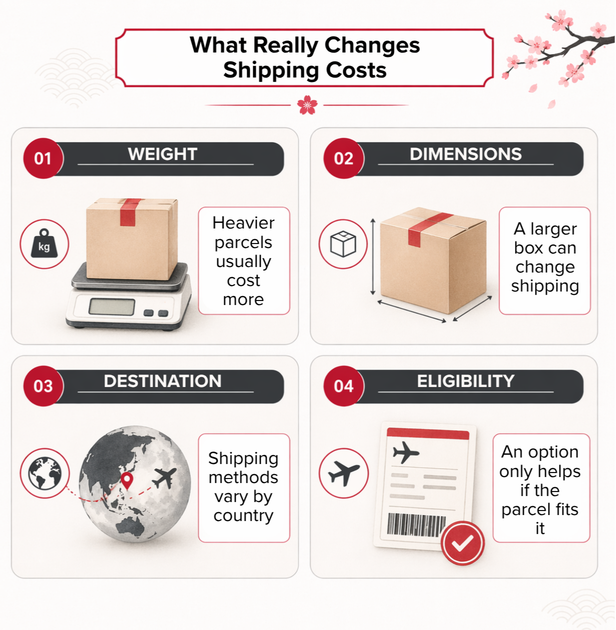 Infographic showing four factors that affect shipping costs: weight, dimensions, destination, and method eligibility.