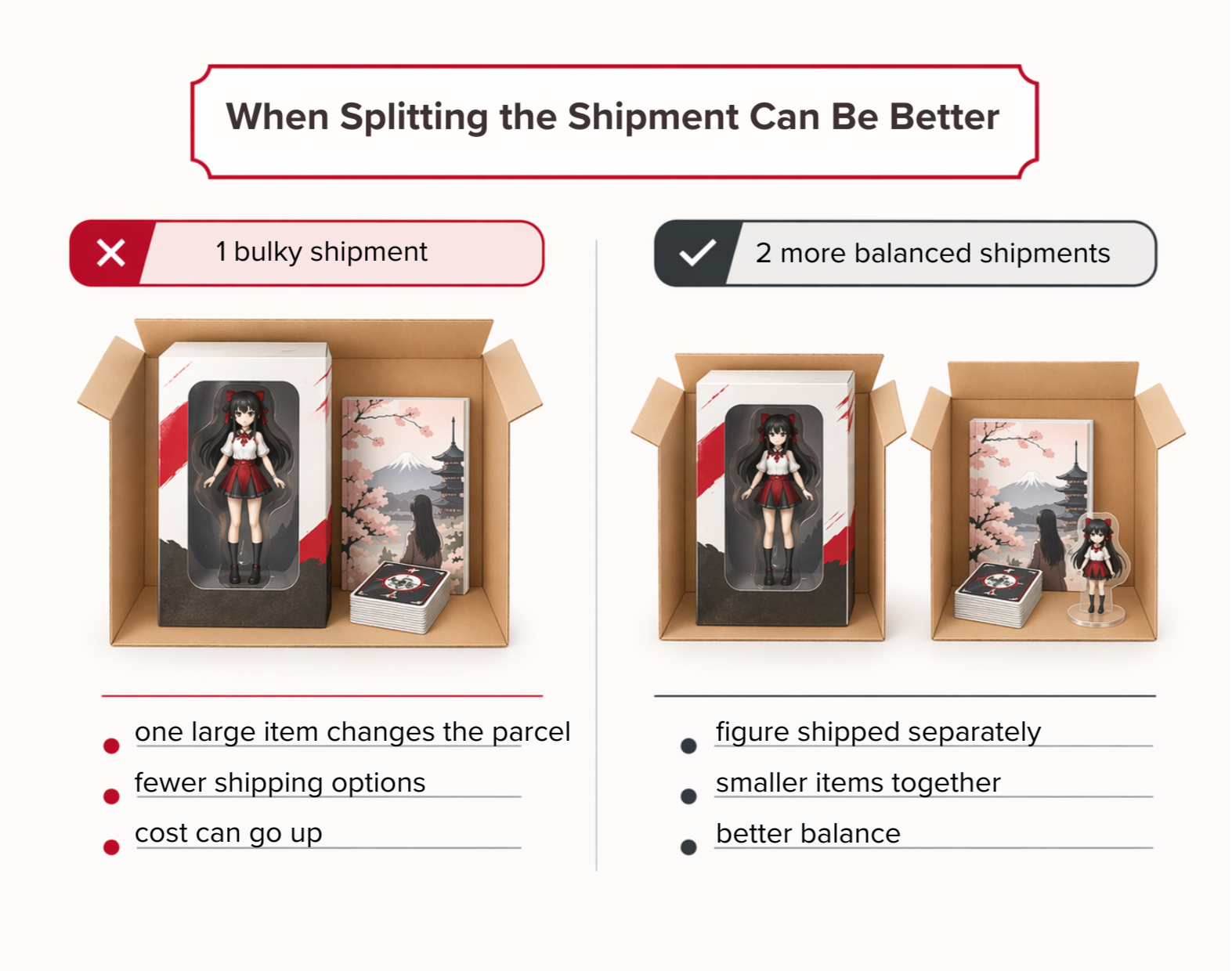 Visual comparison between one bulky shipment and two more balanced shipments for items bought from Japan.