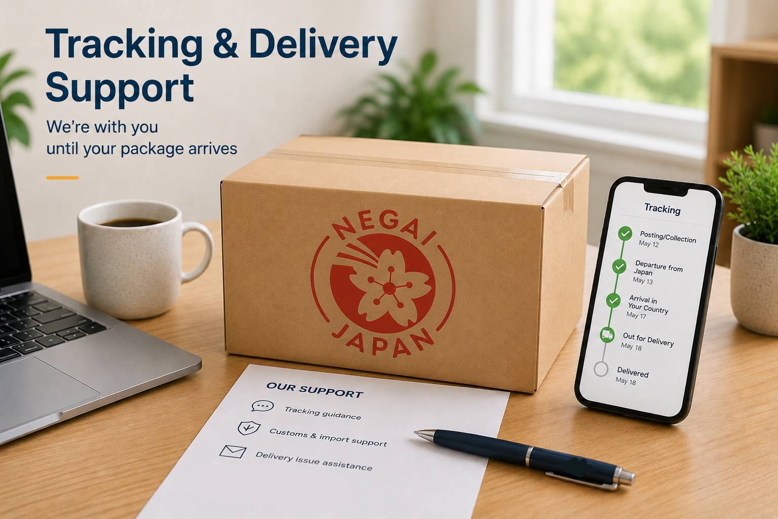 A clean parcel and phone showing a generic tracking update on a calm desk scene.