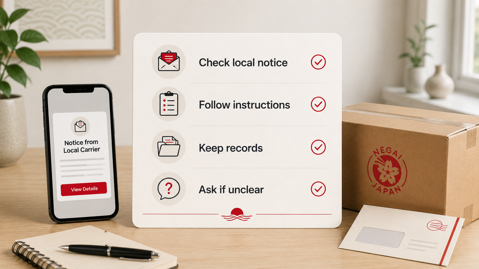 A calm checklist card beside a parcel and phone, representing customs or local delivery action.