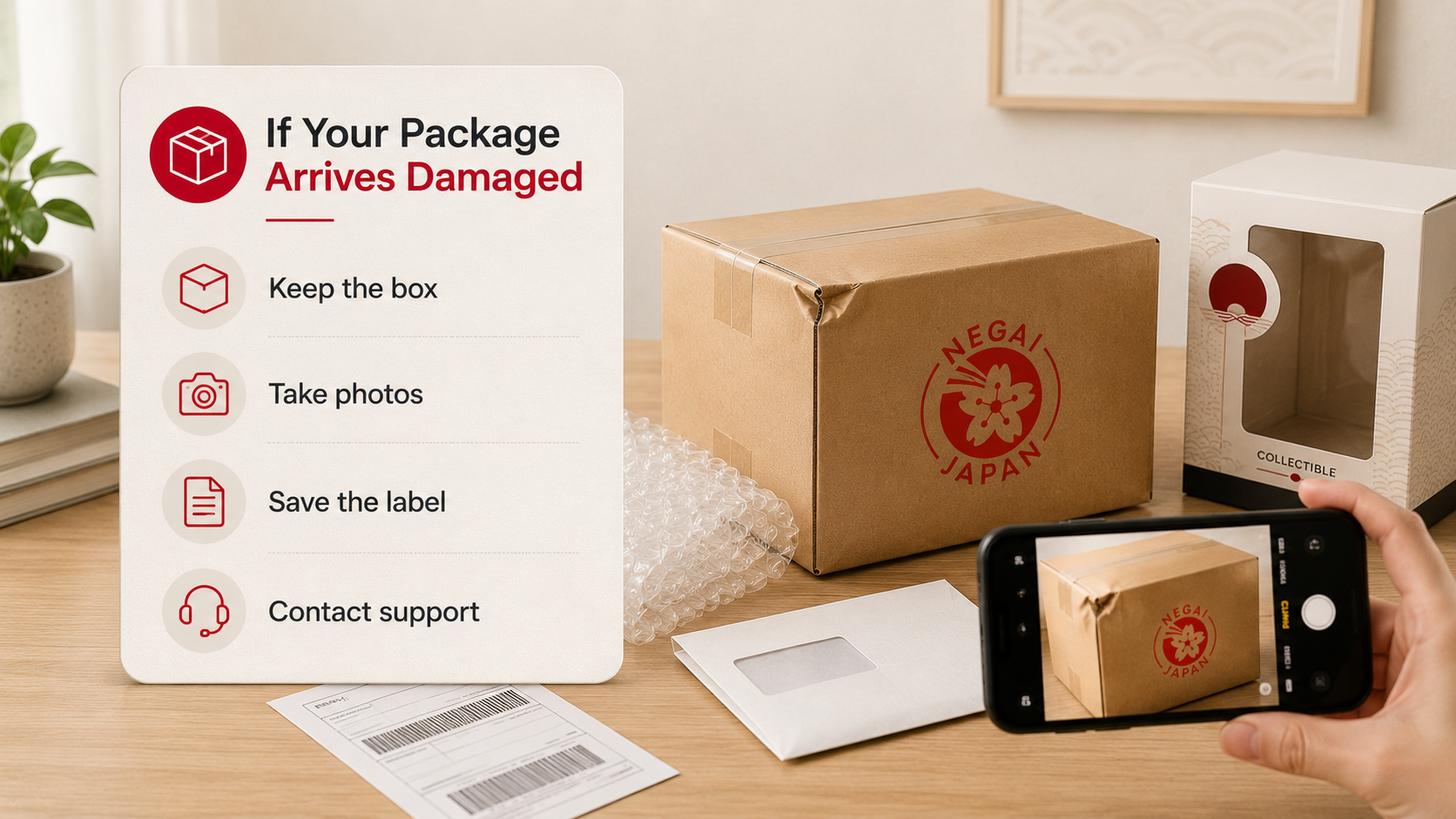 A parcel, packaging material, and phone camera arranged as a damaged package documentation checklist.