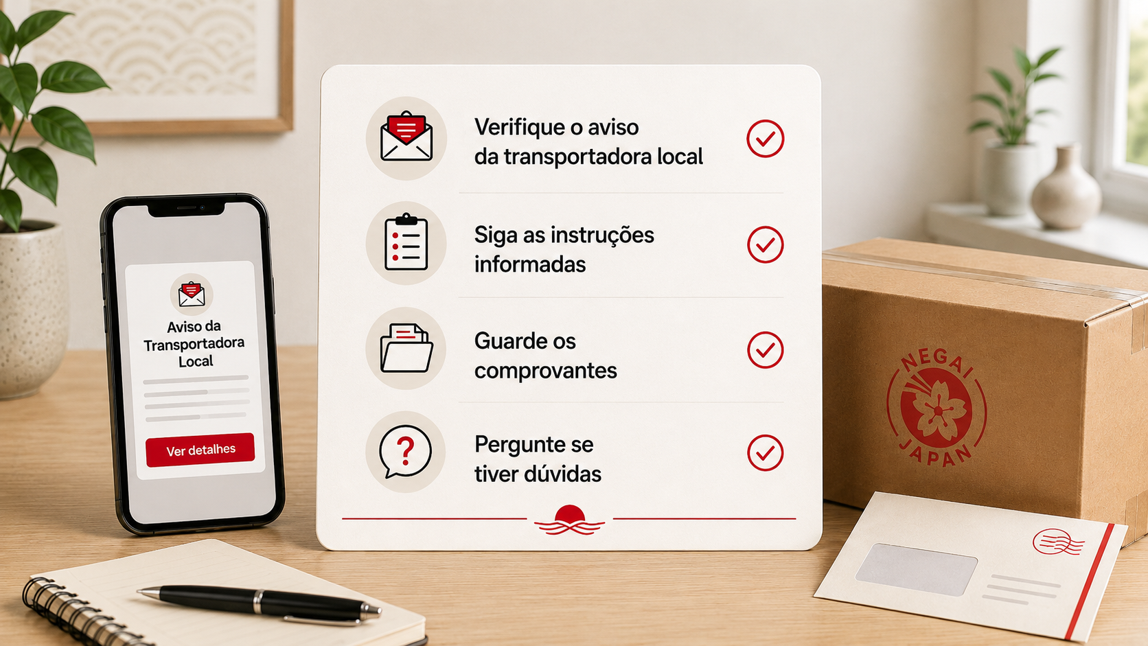 Checklist com orientações para verificar avisos da transportadora local e seguir instruções de entrega ou alfândega.