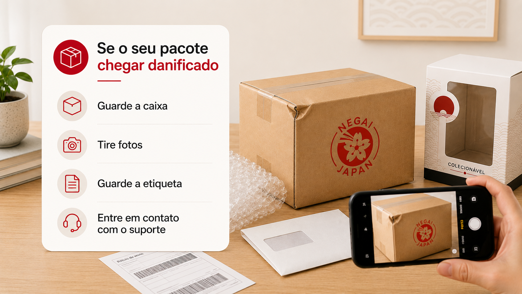 Checklist mostrando o que guardar e fotografar quando um pacote chega danificado.