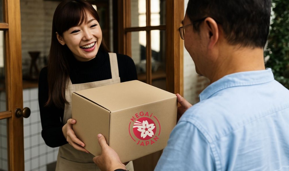 Mulher sorrindo entrega caixa da Negai Japan para um homem na porta de casa