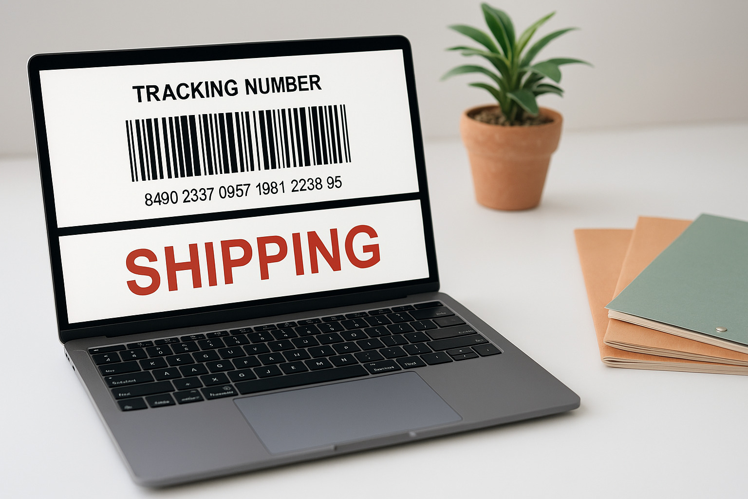 Notebook exibindo na tela um código de rastreamento de encomenda e a palavra SHIPPING, com pastas e planta sobre a mesa